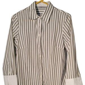 Larry Levine Signature White & Olive Green Striped Blouse Cotton Blend Size S